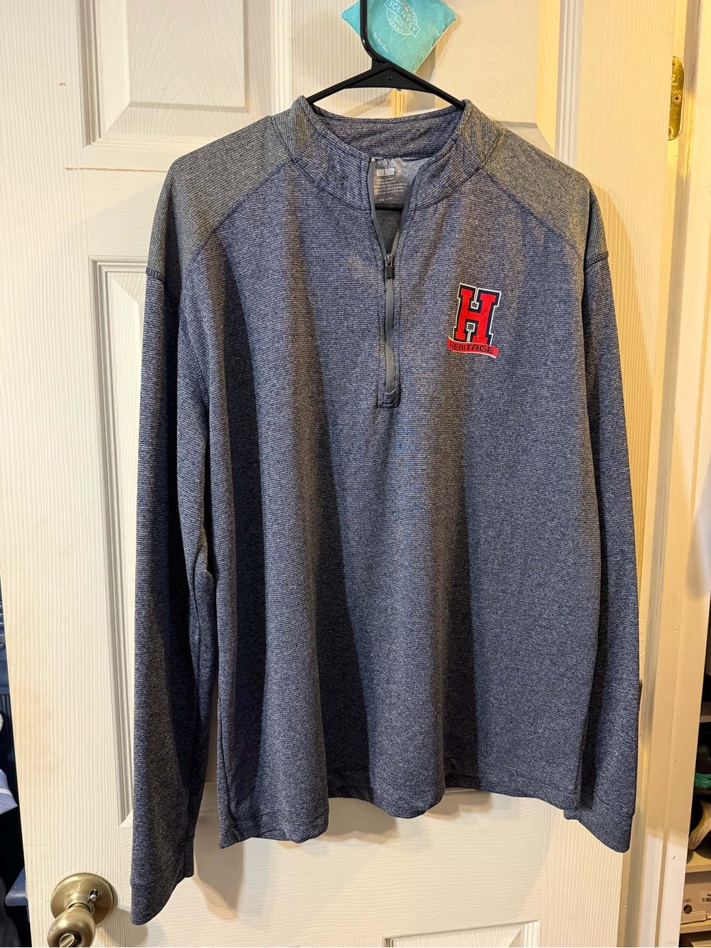 H&M Men's Heather Blue and Gray Quarter-Zip Pullover with Red 'H' Patch